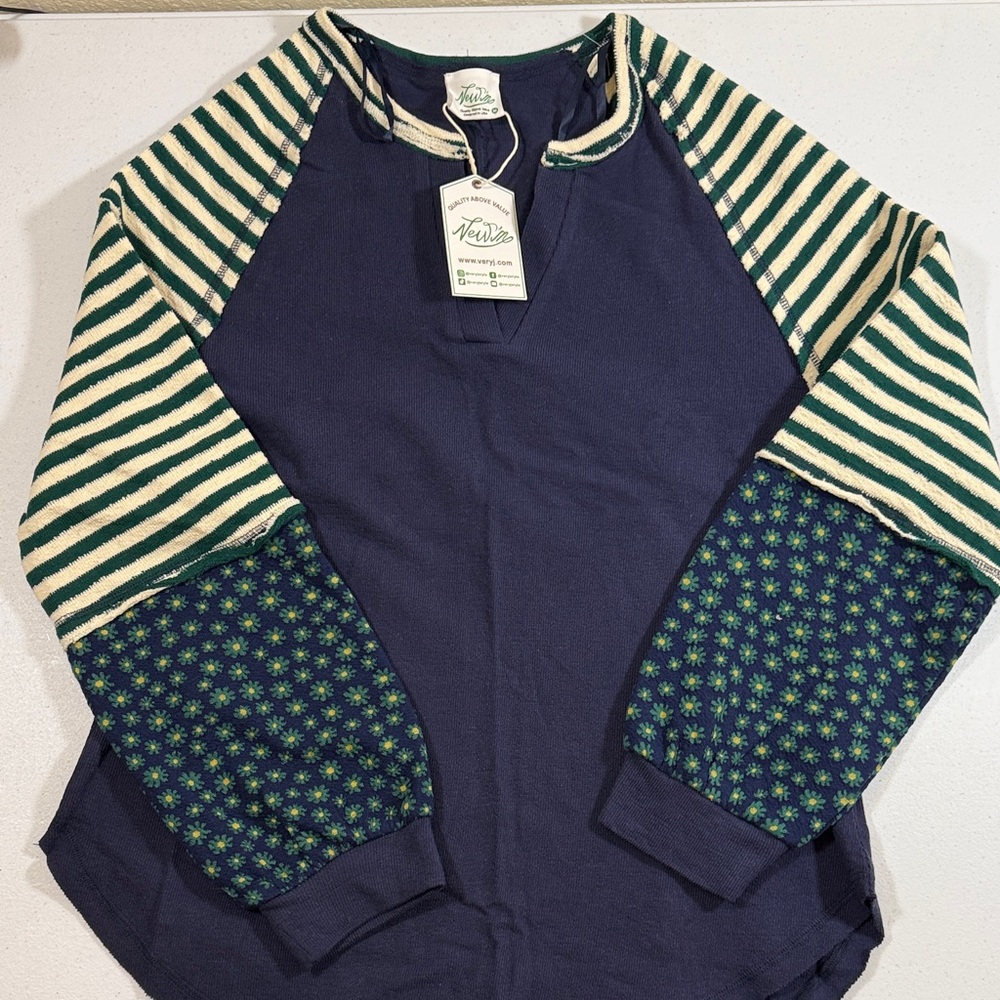 Very J Navy Top with Green and Cream Accents